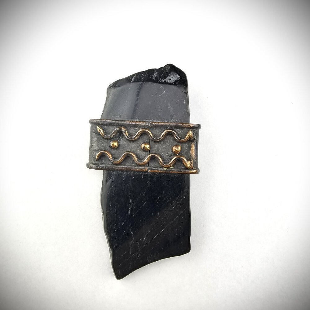 Vintage Brutalist Handmade Copper Obsidian Black Crystal Brooch Pin Big 3.25"